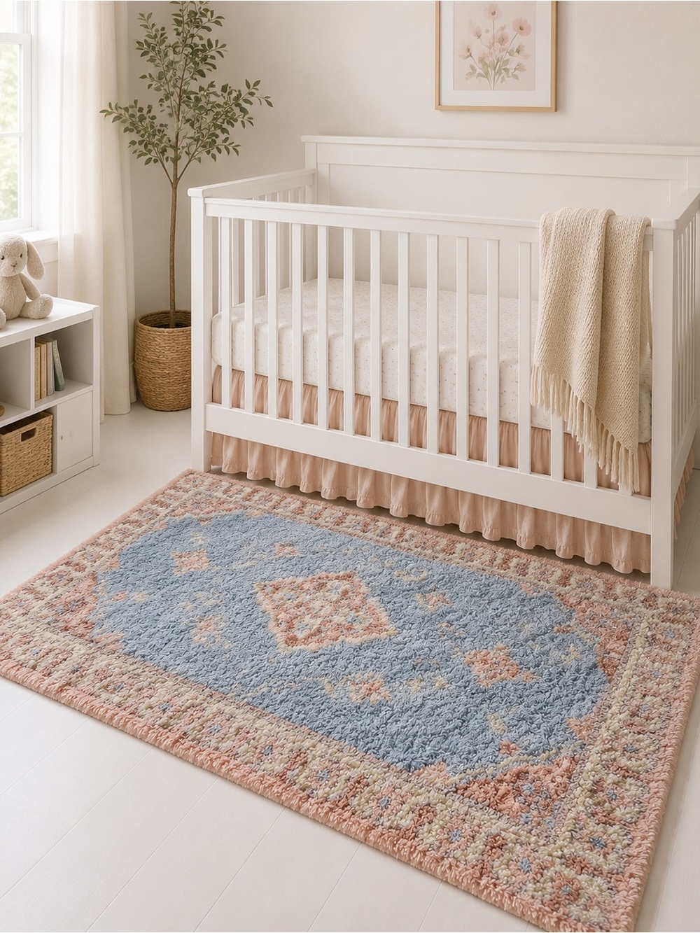 Vintage Handmade Hooked Rug 37” x 59” – Pastel Blue Pink Floral Medallion